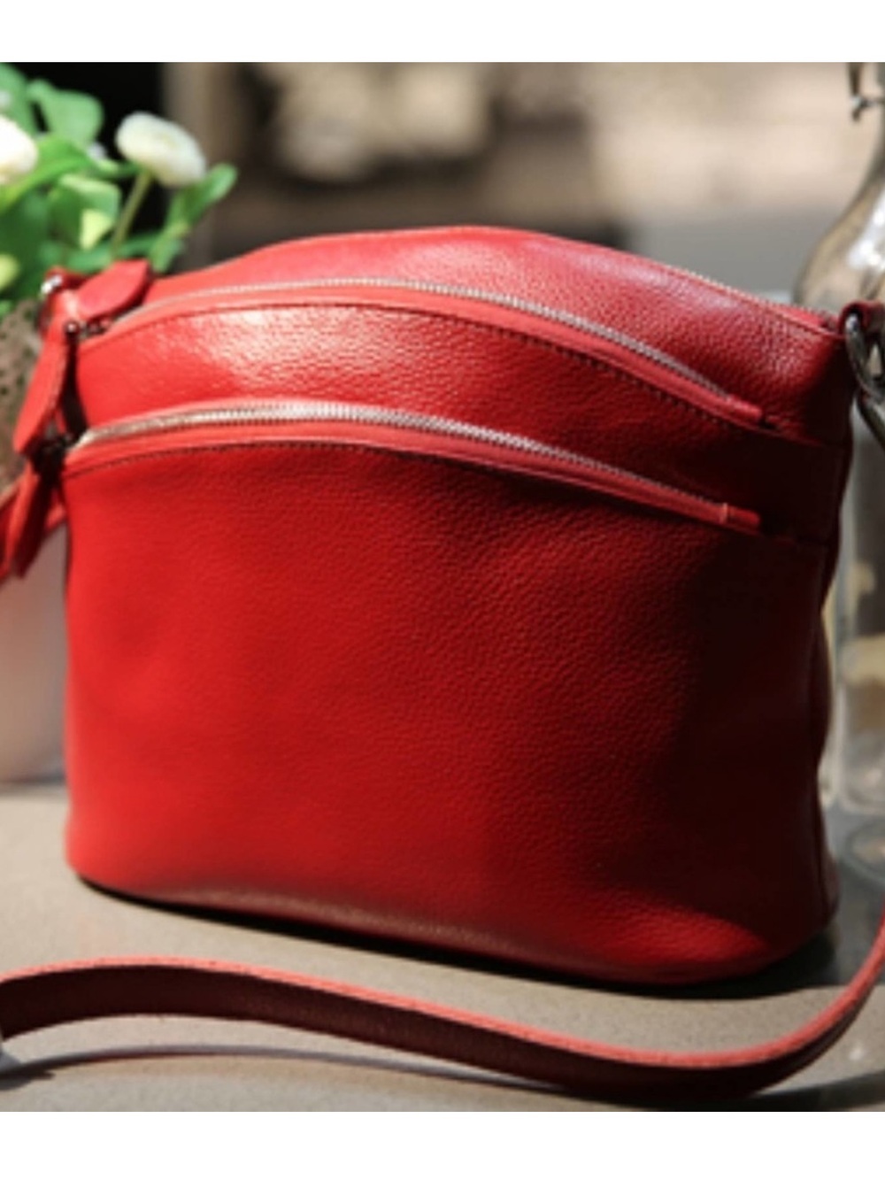 Heshe red leather crossbody shoulder bad multi zipper exterior